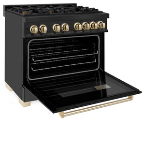 ZLINE Autograph Edition 36" 4.6 cu ft Dual Fuel Range with Gas Stove and Electric Oven in Black Stainless Steel with Gold Accents (RABZ-36-G)