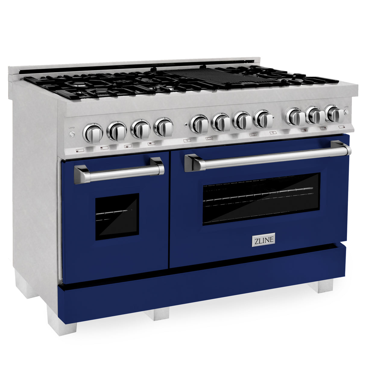 ZLINE 48" 6.0 cu ft Dual Fuel Range with Gas Stove and Electric Oven in Fingerprint Resistant Stainless Steel and Blue Gloss Door (RAS-BG-48)