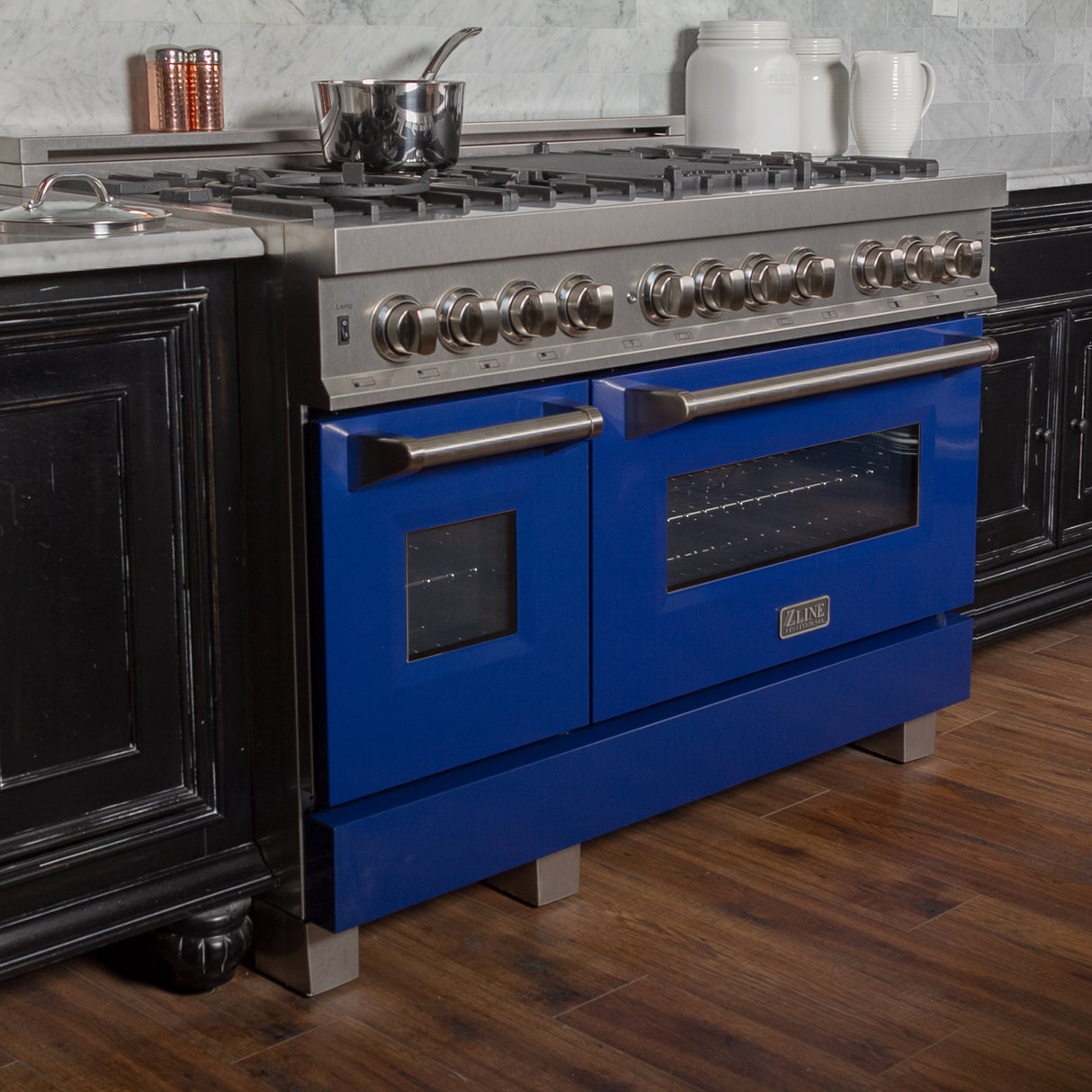 ZLINE 48" 6.0 cu ft Dual Fuel Range with Gas Stove and Electric Oven in Fingerprint Resistant Stainless Steel and Blue Gloss Door (RAS-BG-48)