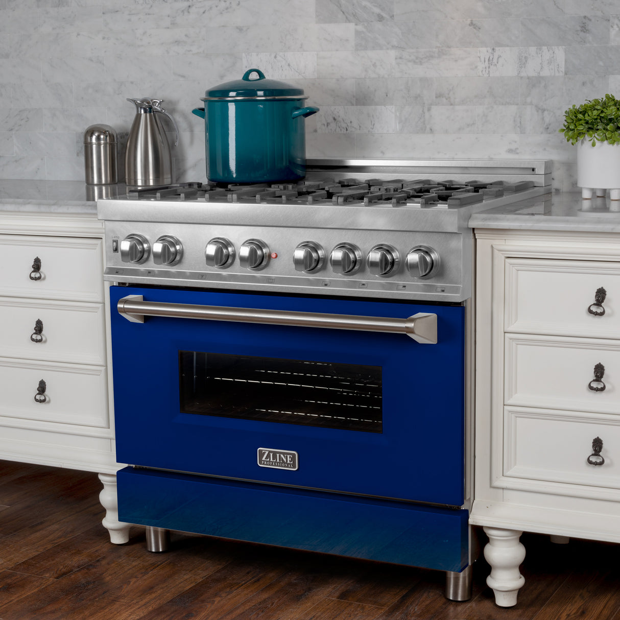 ZLINE 30" 4.0 cu ft Dual Fuel Range with Gas Stove and Electric Oven in Fingerprint Resistant Stainless Steel and Blue Gloss Door (RAS-BG-30)