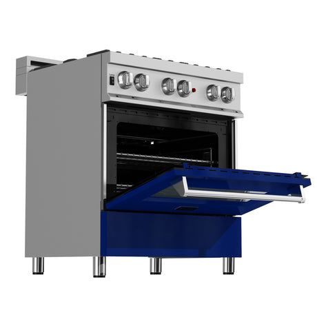 ZLINE 30" 4.0 cu ft Dual Fuel Range with Gas Stove and Electric Oven in Fingerprint Resistant Stainless Steel and Blue Gloss Door (RAS-BG-30)