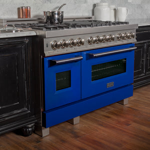 ZLINE 48" 6.0 cu ft Dual Fuel Range with Gas Stove and Electric Oven in Fingerprint Resistant Stainless Steel and Blue Matte Door (RAS-BM-48)