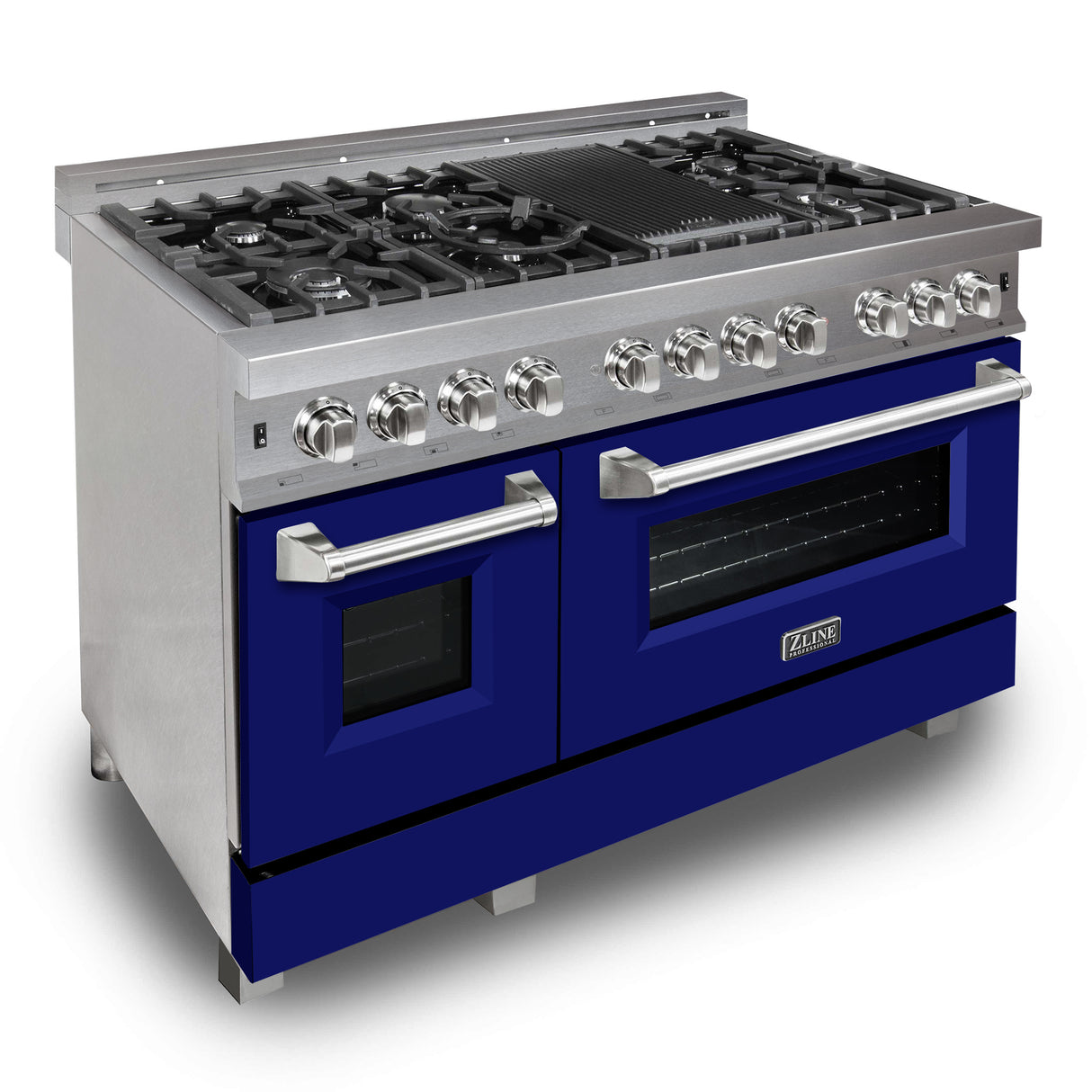 ZLINE 48" 6.0 cu ft Dual Fuel Range with Gas Stove and Electric Oven in Fingerprint Resistant Stainless Steel and Blue Matte Door (RAS-BM-48)