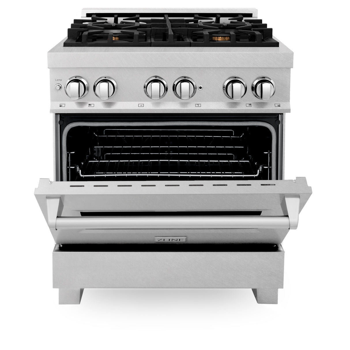 ZLINE 30" 4.0 cu ft Dual Fuel Range with Gas Stove and Electric Oven in Fingerprint Resistant Stainless Steel and Brass Burners (RAS-SN-BR-30)