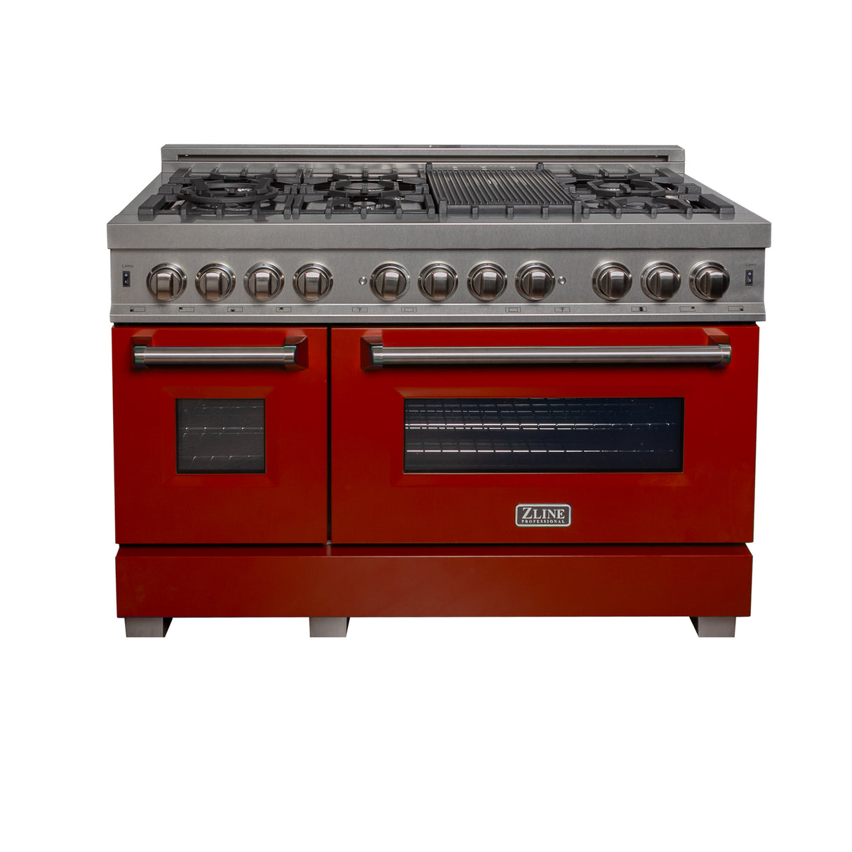 ZLINE 48" 6.0 cu ft Dual Fuel Range with Gas Stove and Electric Oven in Fingerprint Resistant Stainless Steel and Red Gloss Door (RAS-RG-48)