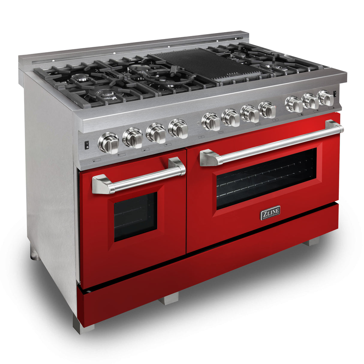 ZLINE 48" 6.0 cu ft Dual Fuel Range with Gas Stove and Electric Oven in Fingerprint Resistant Stainless Steel and Red Gloss Door (RAS-RG-48)