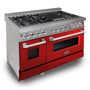 ZLINE 48" 6.0 cu ft Dual Fuel Range with Gas Stove and Electric Oven in Fingerprint Resistant Stainless Steel and Red Gloss Door (RAS-RG-48)