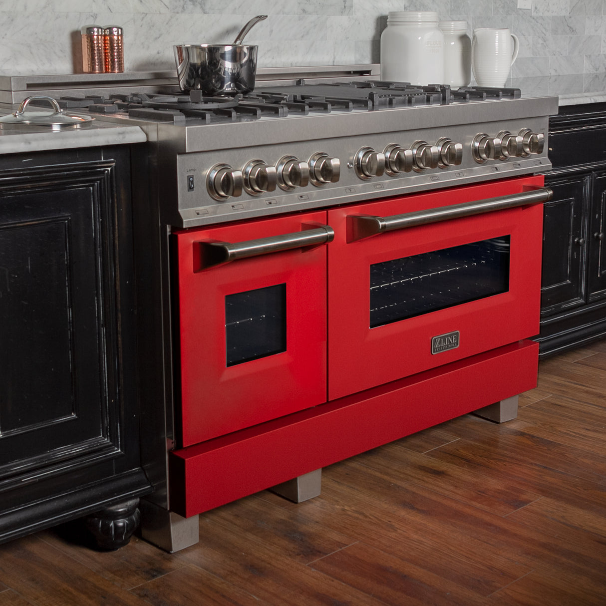 ZLINE 48" 6.0 cu ft Dual Fuel Range with Gas Stove and Electric Oven in Fingerprint Resistant Stainless Steel and Red Matte Door (RAS-RM-48)