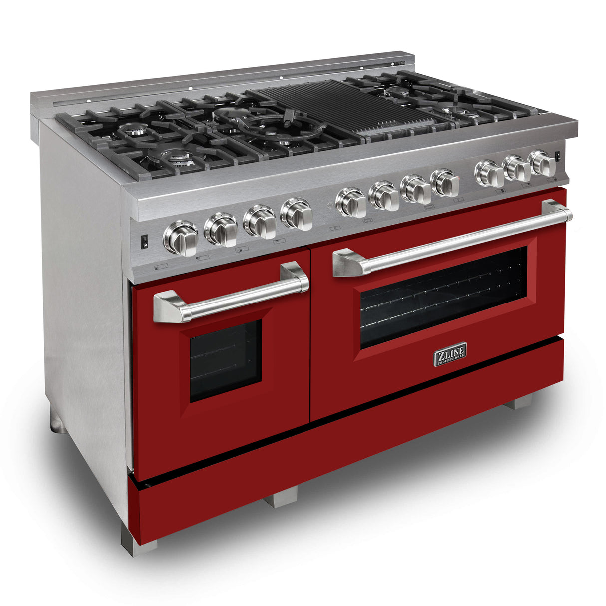 ZLINE 48" 6.0 cu ft Dual Fuel Range with Gas Stove and Electric Oven in Fingerprint Resistant Stainless Steel and Red Matte Door (RAS-RM-48)