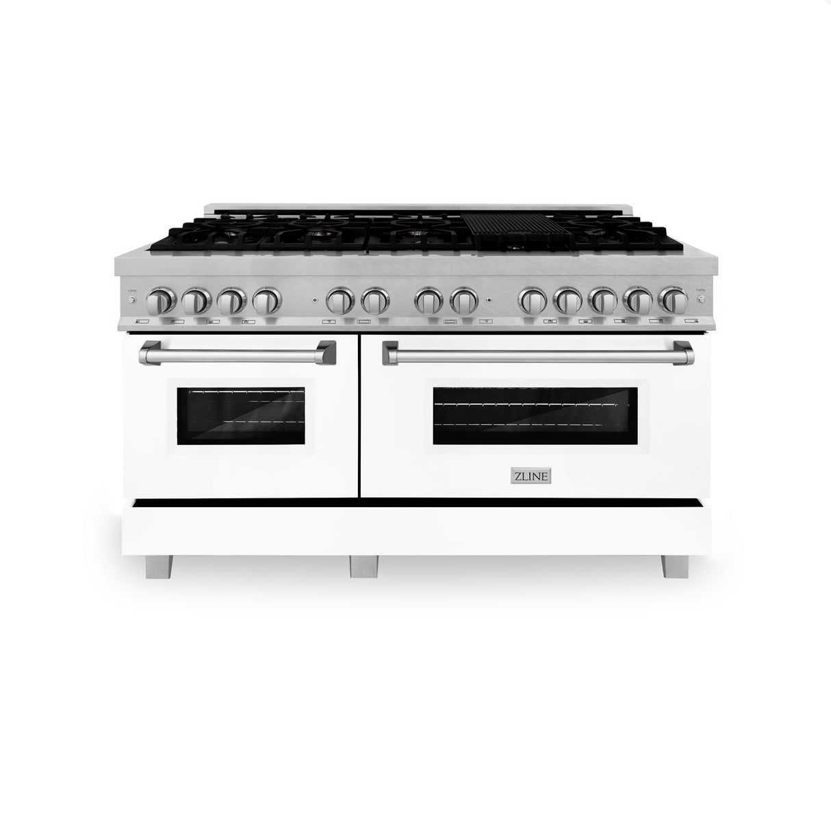 ZLINE 60" 7.4 cu ft Dual Fuel Range with Gas Stove and Electric Oven in Fingerprint Resistant Stainless Steel and White Matte Doors (RAS-WM-60)