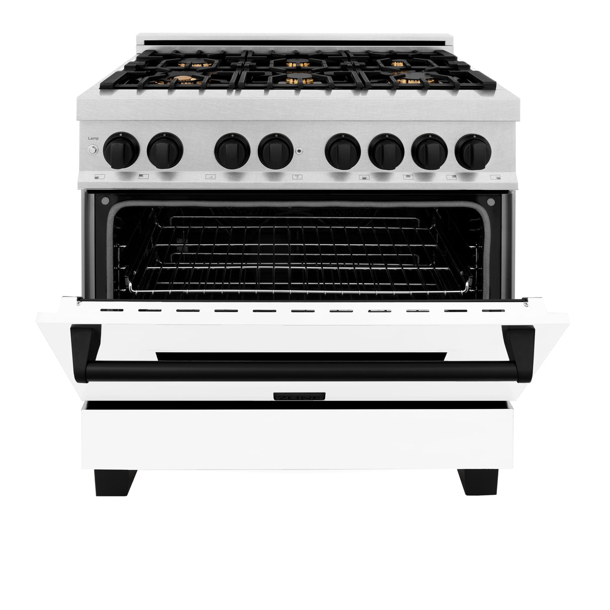 ZLINE Autograph Edition 36" 4.6 cu ft Dual Fuel Range with Gas Stove and Electric Oven in Fingerprint Resistant Stainless Steel with White Matte Door and Matte Black Accents (RASZ-WM-36-MB)