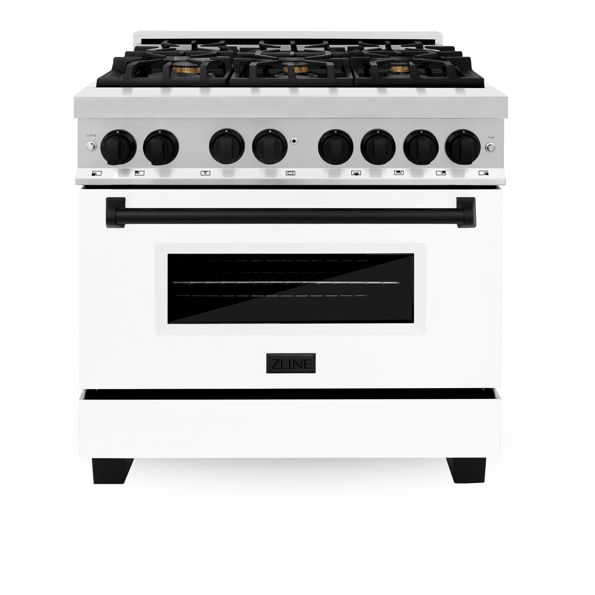 ZLINE Autograph Edition 36" 4.6 cu ft Dual Fuel Range with Gas Stove and Electric Oven in Stainless Steel with White Matte Door and Matte Black Accents (RAZ-WM-36-MB)