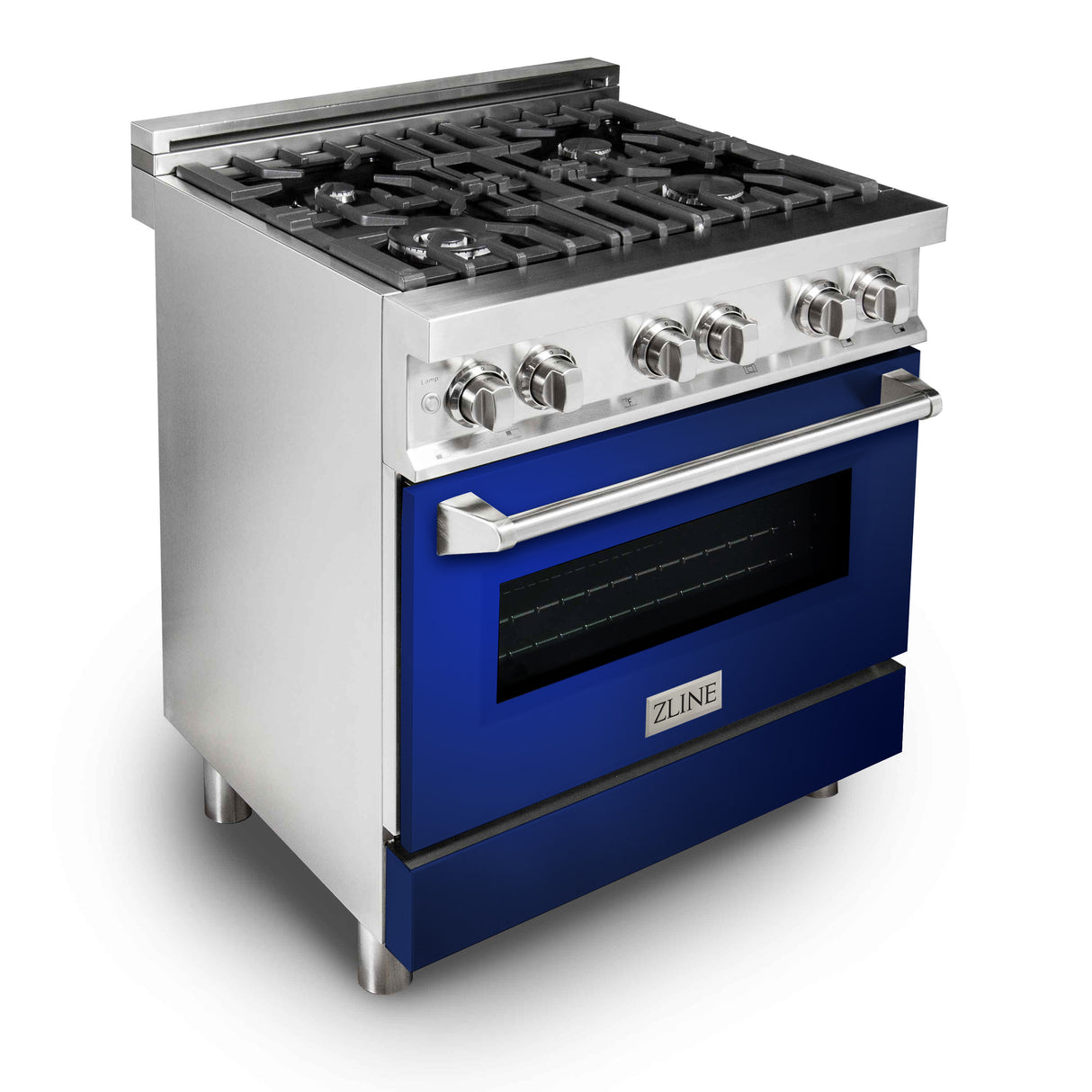 ZLINE 30" 4.0 cu ft Dual Fuel Range with Gas Stove and Electric Oven in Stainless Steel and Blue Gloss Door (RA-BG-30)