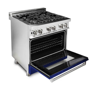 ZLINE 30" 4.0 cu ft Dual Fuel Range with Gas Stove and Electric Oven in Stainless Steel and Blue Gloss Door (RA-BG-30)