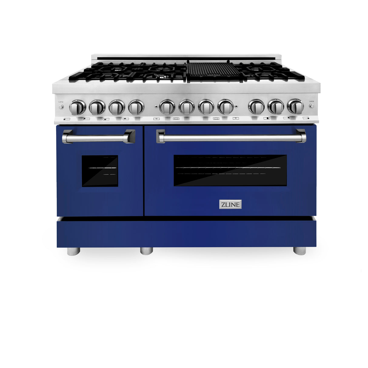 ZLINE 48" 6.0 cu ft Dual Fuel Range with Gas Stove and Electric Oven in Stainless Steel and Blue Gloss Door (RA-BG-48)