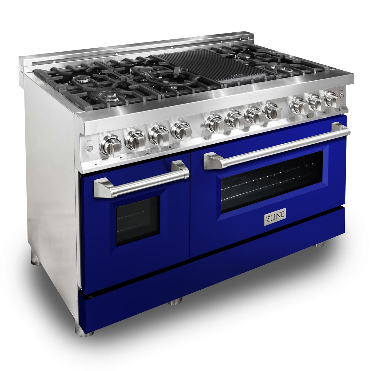 ZLINE 48" 6.0 cu ft Dual Fuel Range with Gas Stove and Electric Oven in Stainless Steel and Blue Gloss Door (RA-BG-48)