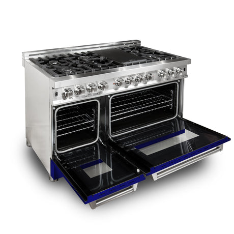 ZLINE 48" 6.0 cu ft Dual Fuel Range with Gas Stove and Electric Oven in Stainless Steel and Blue Gloss Door (RA-BG-48)