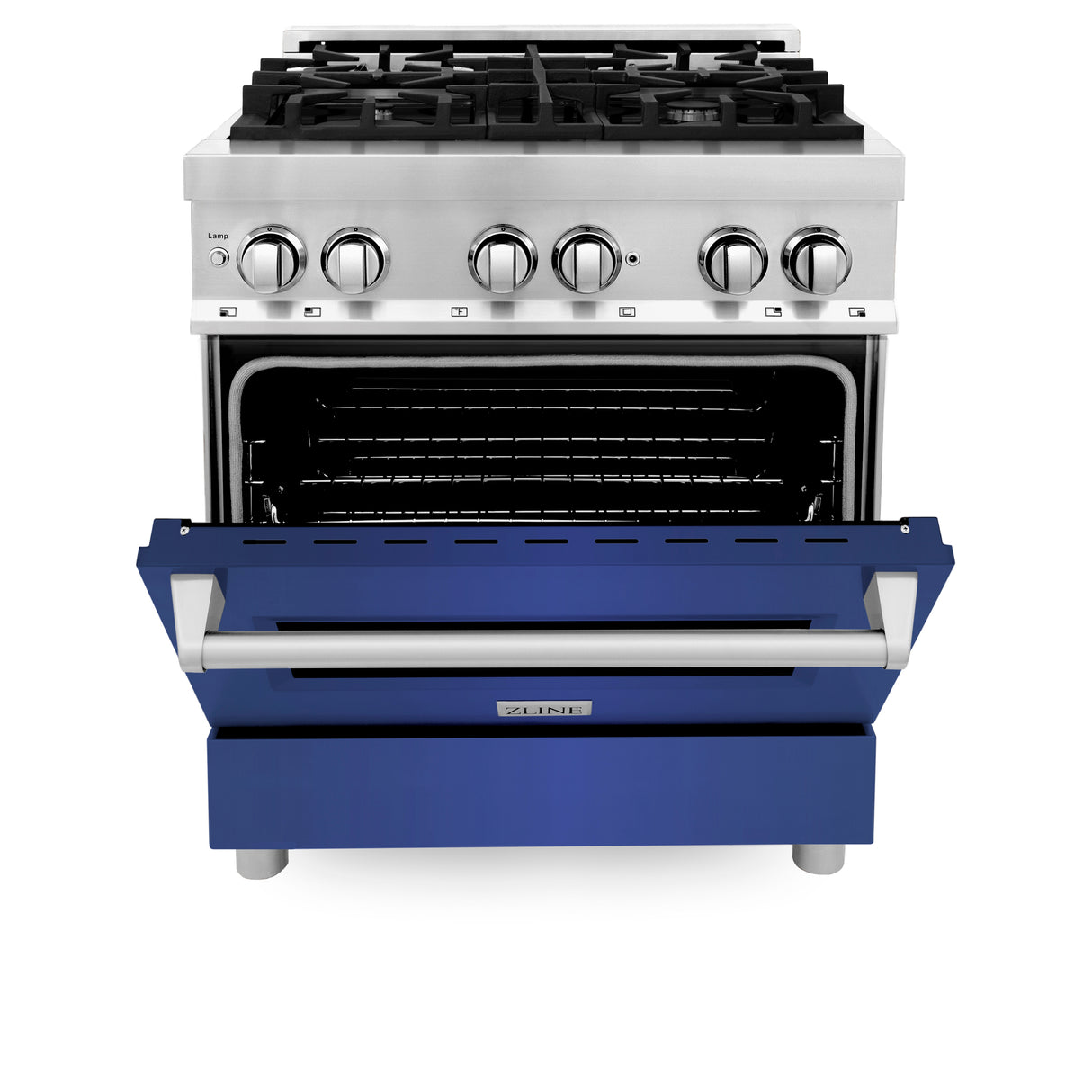 ZLINE 30" 4.0 cu ft Dual Fuel Range with Gas Stove and Electric Oven in Stainless Steel and Blue Matte Door (RA-BM-30)