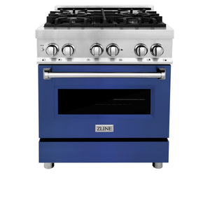 ZLINE 30" 4.0 cu ft Dual Fuel Range with Gas Stove and Electric Oven in Stainless Steel and Blue Matte Door (RA-BM-30)