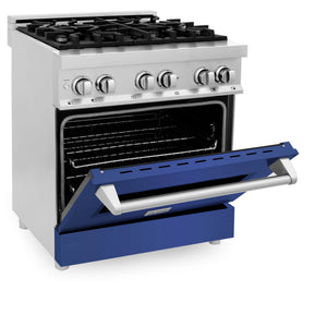 ZLINE 30" 4.0 cu ft Dual Fuel Range with Gas Stove and Electric Oven in Stainless Steel and Blue Matte Door (RA-BM-30)