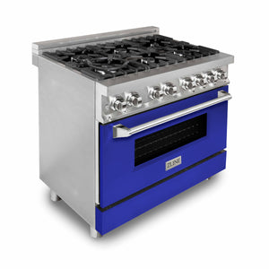 ZLINE 36" 4.6 cu ft Dual Fuel Range with Gas Stove and Electric Oven in Stainless Steel and Blue Matte Door (RA-BM-36)