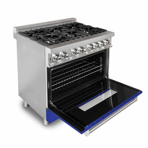 ZLINE 36" 4.6 cu ft Dual Fuel Range with Gas Stove and Electric Oven in Stainless Steel and Blue Matte Door (RA-BM-36)