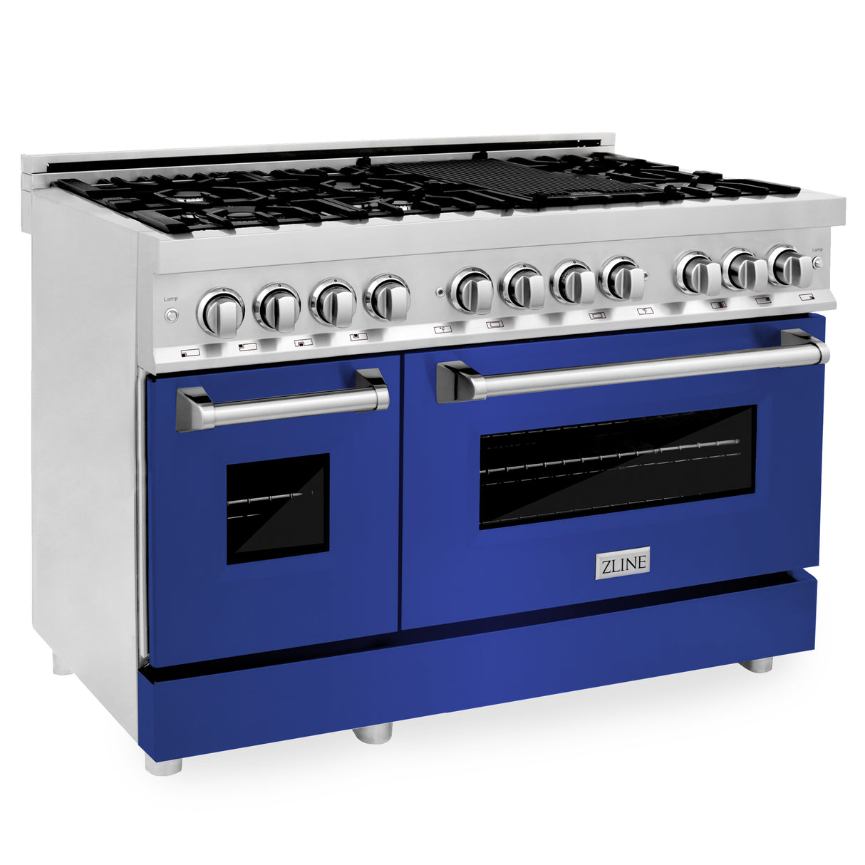 ZLINE 48" 6.0 cu ft Dual Fuel Range with Gas Stove and Electric Oven in Stainless Steel and Blue Matte Door (RA-BM-48)