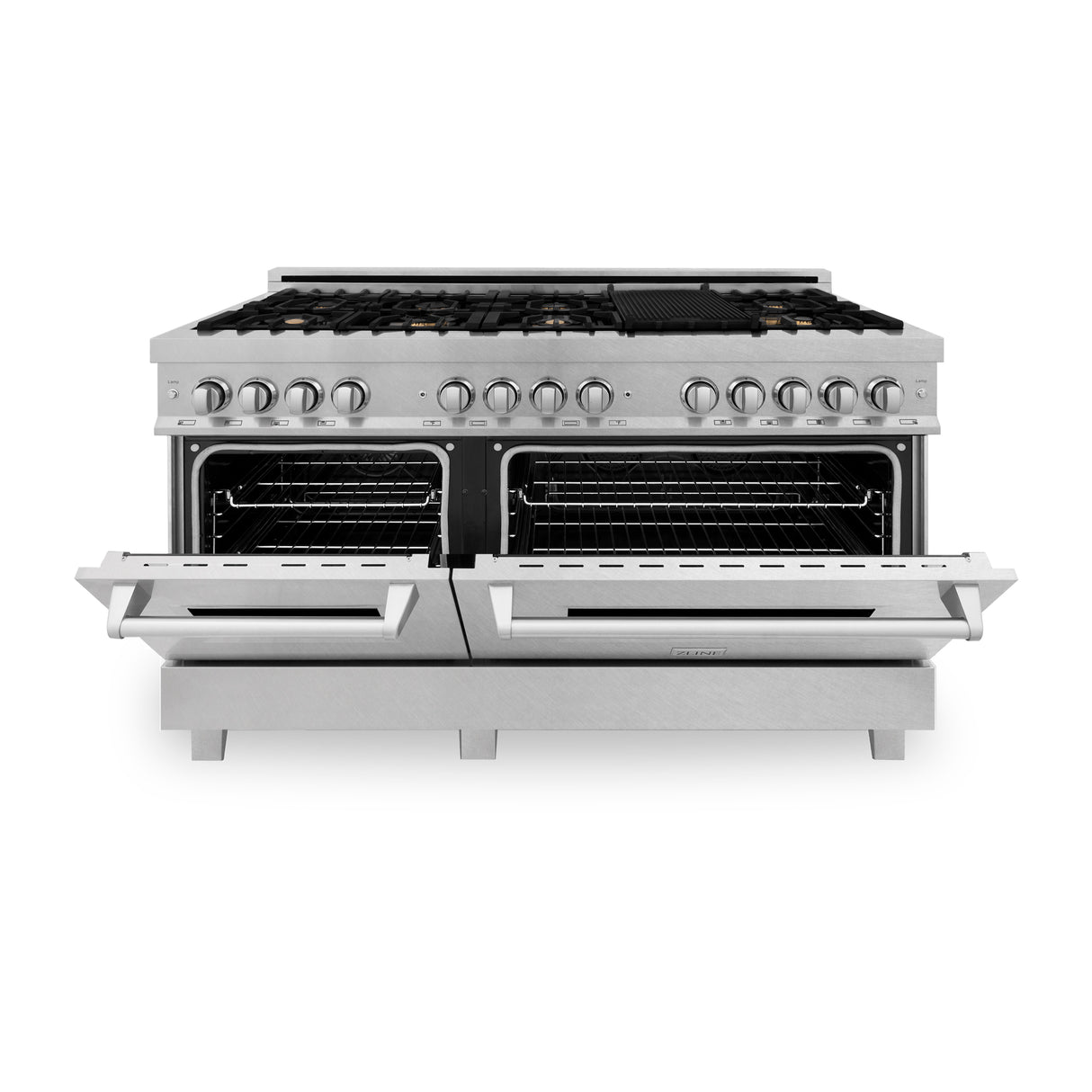 ZLINE 60" 7.4 cu ft Dual Fuel Range with Gas Stove and Electric Oven in Fingerprint Resistant Stainless Steell with Brass Burners (RAS-SN-BR-60)