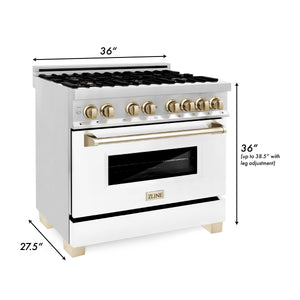 ZLINE Autograph Edition 36" 4.6 cu ft Dual Fuel Range with Gas Stove and Electric Oven in Stainless Steel with White Matte Door and Gold Accents (RAZ-WM-36-G)