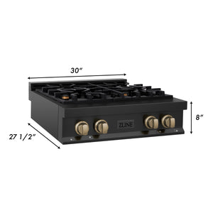 ZLINE Autograph Edition 30" Porcelain Rangetop with 4 Gas Burners in Black Stainless Steel and Champagne Bronze Accents (RTBZ-30-CB)