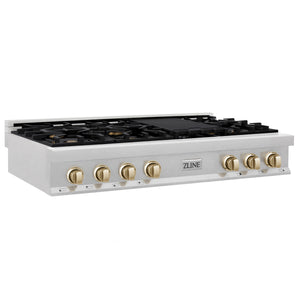 ZLINE Autograph Edition 48" Porcelain Rangetop with 7 Gas Burners in Fingerprint Resistant Stainless Steel and Gold Accents (RTSZ-48-G)