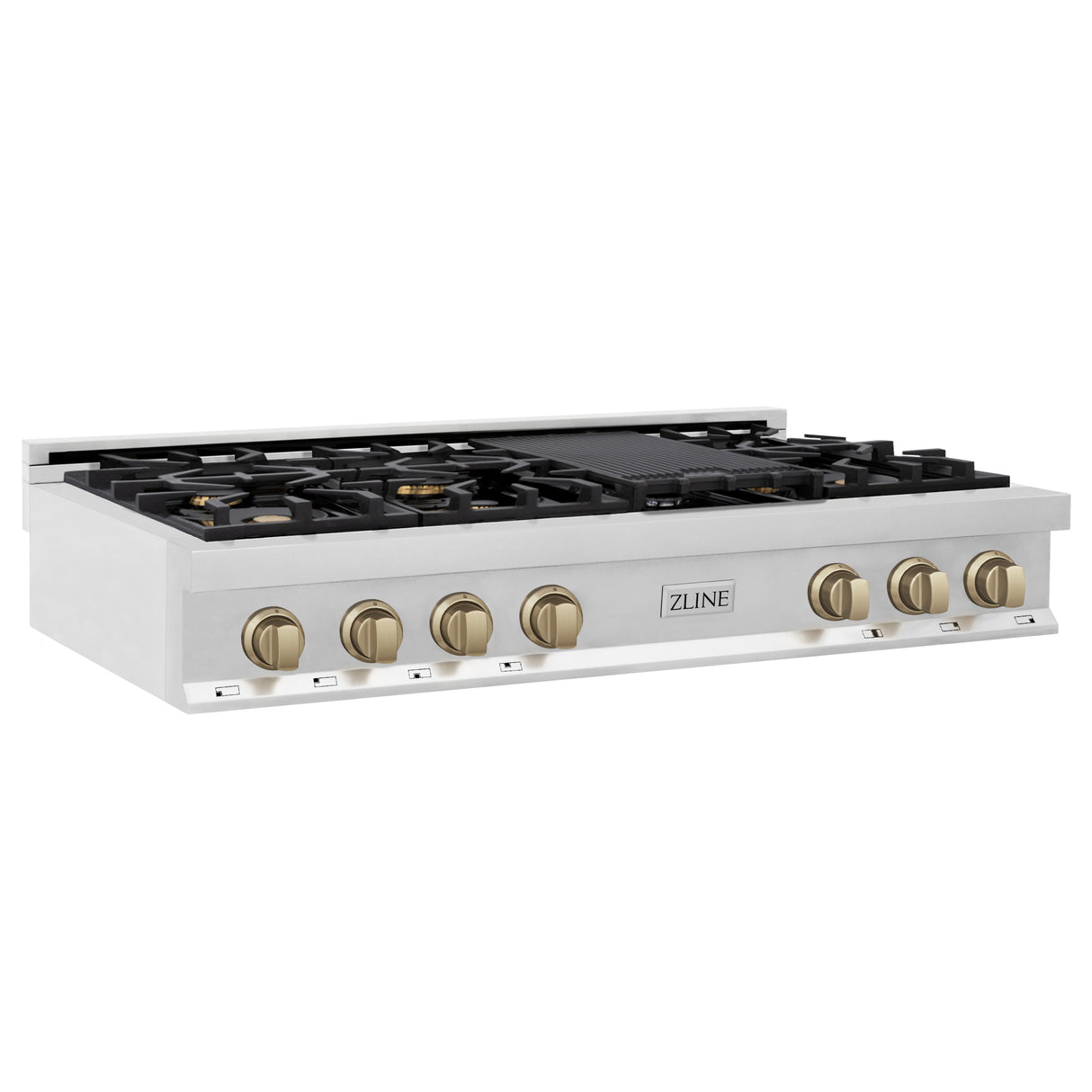 ZLINE Autograph Edition 48" Porcelain Rangetop with 7 Gas Burners in Stainless Steel and Champagne Bronze Accents (RTZ-48-CB)