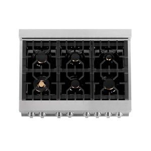 ZLINE 36" 4.6 cu ft Dual Fuel Range with Gas Stove and Electric Oven in Fingerprint Resistant Stainless Steel and Brass Burners (RAS-SN-BR-36)