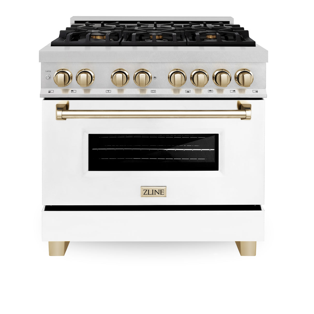 ZLINE Autograph Edition 36" 4.6 cu ft Dual Fuel Range with Gas Stove and Electric Oven in Fingerprint Resistant Stainless Steel with White Matte Door and Gold Accents (RASZ-WM-36-G)