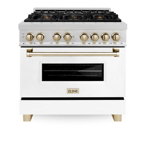 ZLINE Autograph Edition 36" 4.6 cu ft Dual Fuel Range with Gas Stove and Electric Oven in Fingerprint Resistant Stainless Steel with White Matte Door and Gold Accents (RASZ-WM-36-G)