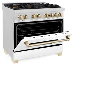 ZLINE Autograph Edition 36" 4.6 cu ft Dual Fuel Range with Gas Stove and Electric Oven in Fingerprint Resistant Stainless Steel with White Matte Door and Gold Accents (RASZ-WM-36-G)