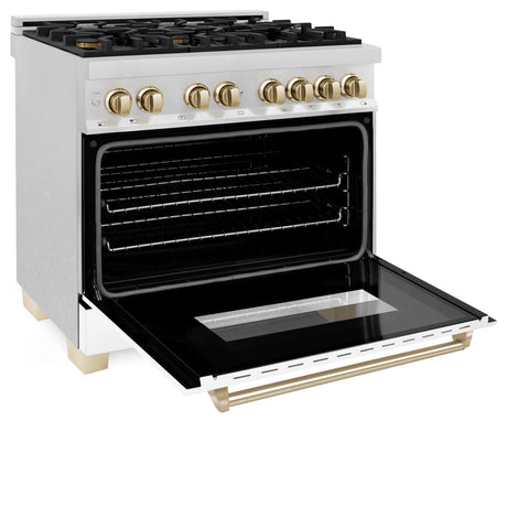 ZLINE Autograph Edition 36" 4.6 cu ft Dual Fuel Range with Gas Stove and Electric Oven in Fingerprint Resistant Stainless Steel with White Matte Door and Gold Accents (RASZ-WM-36-G)