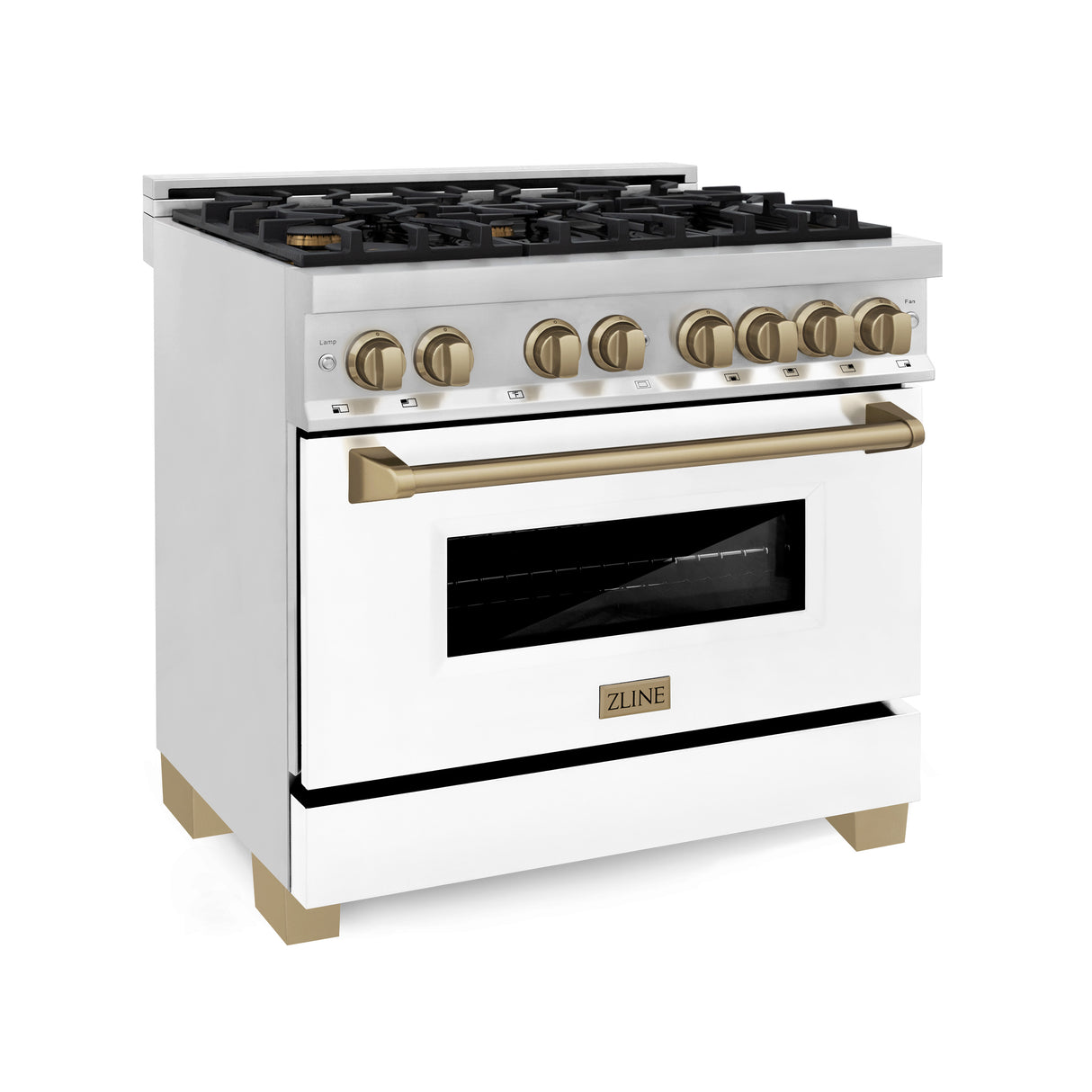 ZLINE Autograph Edition 36" 4.6 cu ft Dual Fuel Range with Gas Stove and Electric Oven in Stainless Steel with White Matte Door and Champagne Bronze Accents (RAZ-WM-36-CB)