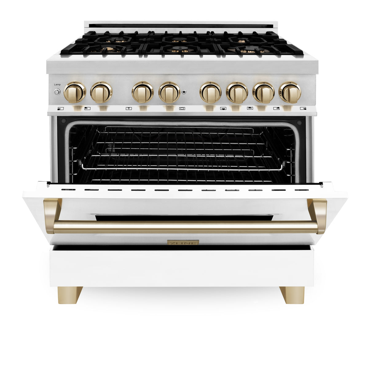 ZLINE Autograph Edition 36" 4.6 cu ft Dual Fuel Range with Gas Stove and Electric Oven in Stainless Steel with White Matte Door and Gold Accents (RAZ-WM-36-G)