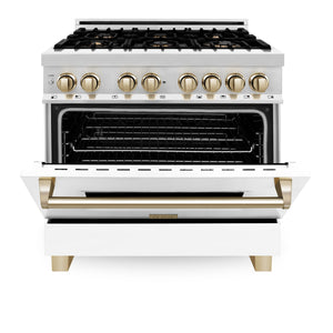 ZLINE Autograph Edition 36" 4.6 cu ft Dual Fuel Range with Gas Stove and Electric Oven in Stainless Steel with White Matte Door and Gold Accents (RAZ-WM-36-G)