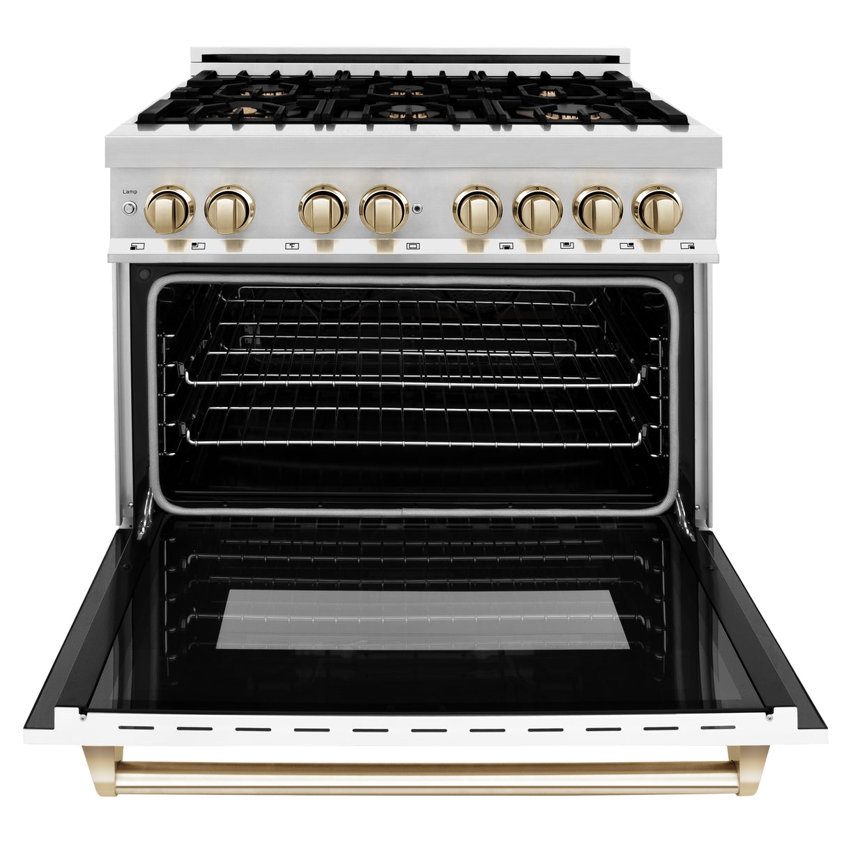 ZLINE Autograph Edition 36" 4.6 cu ft Dual Fuel Range with Gas Stove and Electric Oven in Stainless Steel with White Matte Door and Gold Accents (RAZ-WM-36-G)