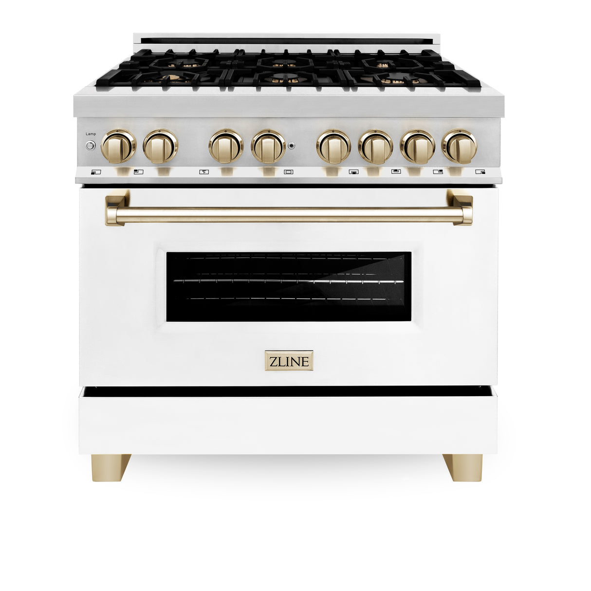 ZLINE Autograph Edition 36" 4.6 cu ft Dual Fuel Range with Gas Stove and Electric Oven in Stainless Steel with White Matte Door and Gold Accents (RAZ-WM-36-G)