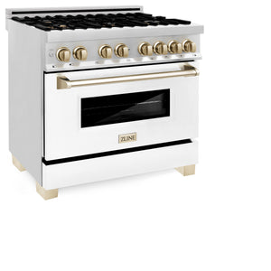 ZLINE Autograph Edition 36" 4.6 cu ft Dual Fuel Range with Gas Stove and Electric Oven in Stainless Steel with White Matte Door and Gold Accents (RAZ-WM-36-G)