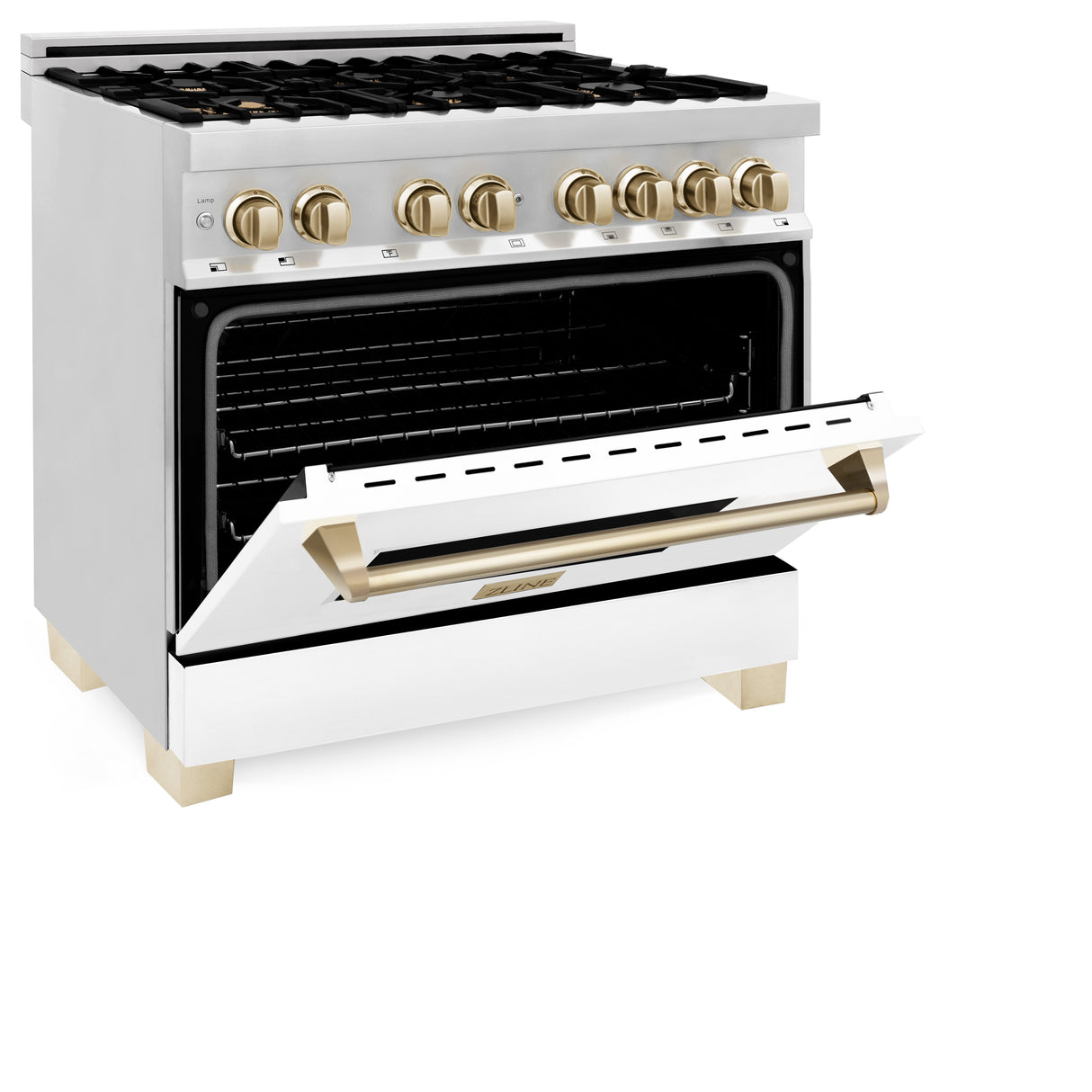 ZLINE Autograph Edition 36" 4.6 cu ft Dual Fuel Range with Gas Stove and Electric Oven in Stainless Steel with White Matte Door and Gold Accents (RAZ-WM-36-G)