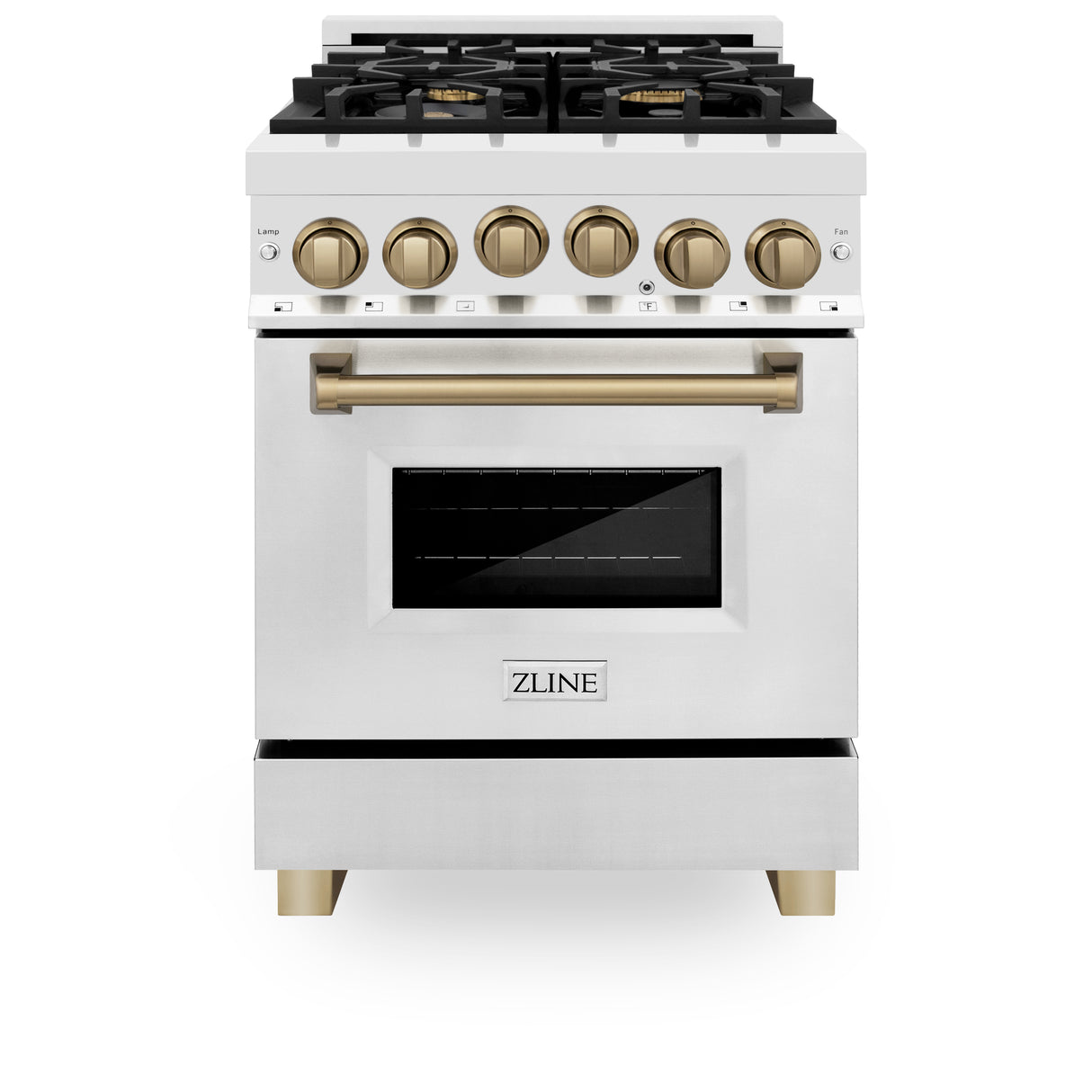 ZLINE Autograph Edition 24" 2.8 cu ft Dual Fuel Range with Gas Stove and Electric Oven in Stainless Steel with Champagne Bronze Accents (RAZ-24-CB)