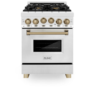 ZLINE Autograph Edition 24" 2.8 cu ft Dual Fuel Range with Gas Stove and Electric Oven in Stainless Steel with Champagne Bronze Accents (RAZ-24-CB)