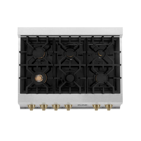 ZLINE Autograph Edition 36" Porcelain Rangetop with 6 Gas Burners in Fingerprint Resistant Stainless Steel and Champagne Bronze Accents (RTSZ-36-CB)