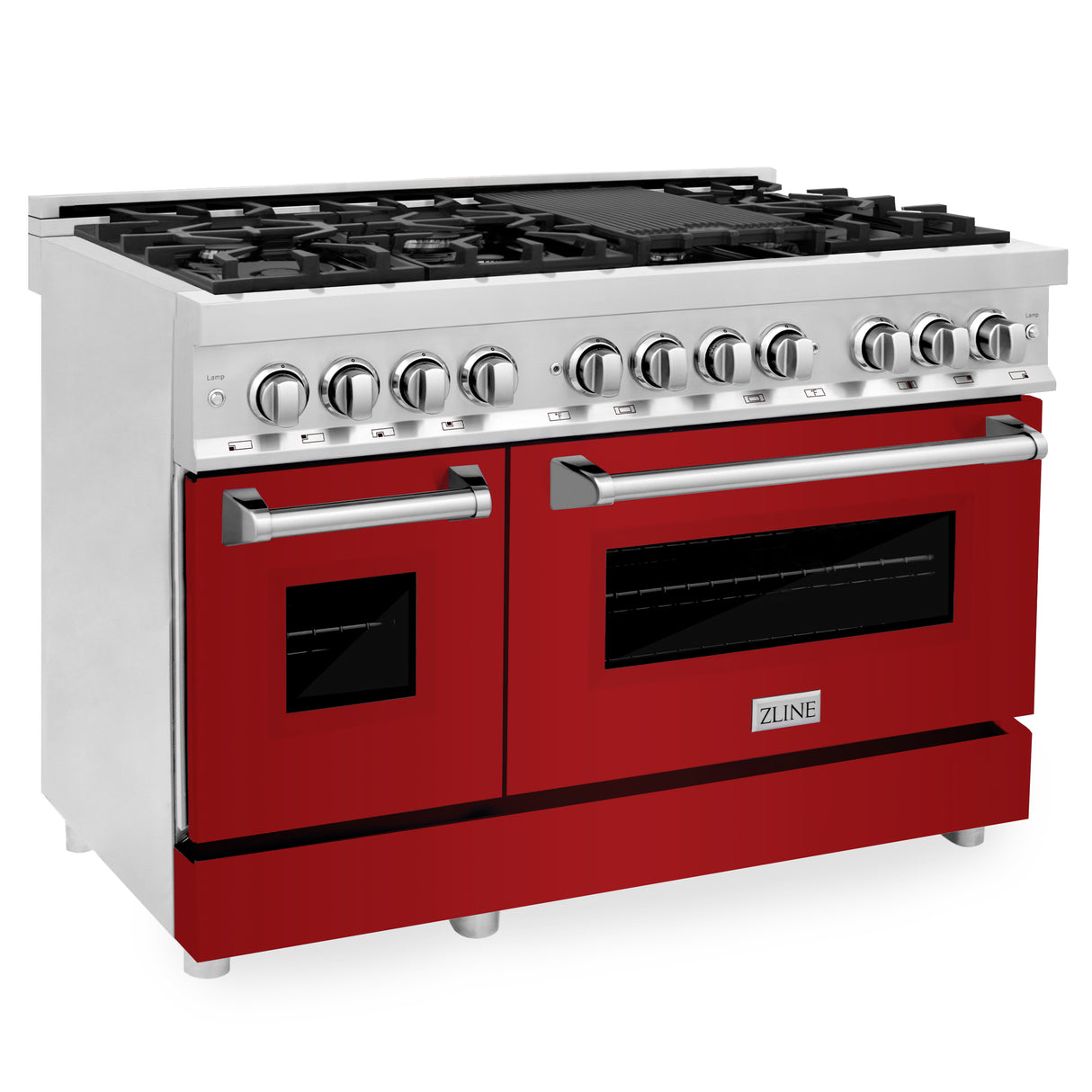 ZLINE 48" 6.0 cu ft Dual Fuel Range with Gas Stove and Electric Oven in Stainless Steel and Red Gloss Door (RA-RG-48)