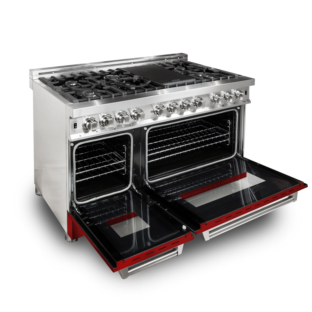 ZLINE 48" 6.0 cu ft Dual Fuel Range with Gas Stove and Electric Oven in Stainless Steel and Red Gloss Door (RA-RG-48)