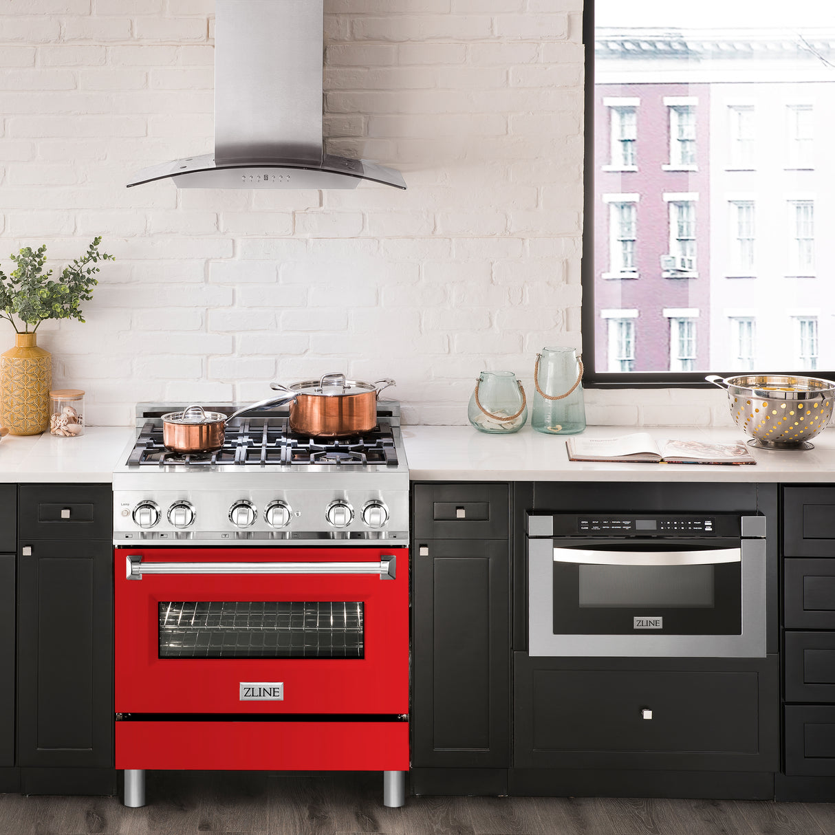 ZLINE 30" 4.0 cu ft Dual Fuel Range with Gas Stove and Electric Oven in Stainless Steel and Red Matte Door (RA-RM-30)